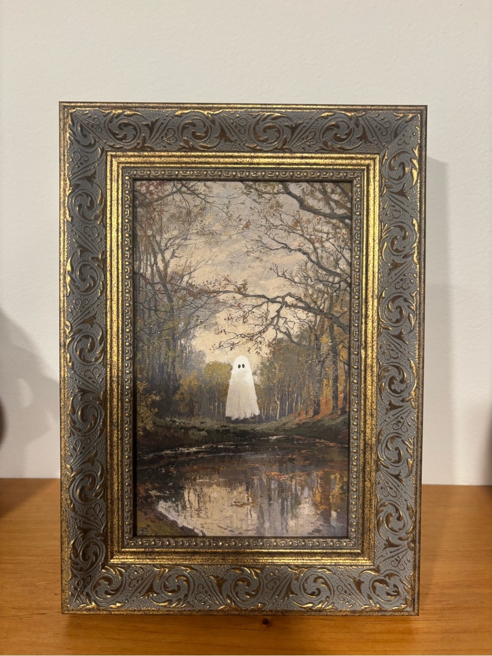 Petal Lane Halloween Ghost Framed Art Ornate Gold Frame 10x7